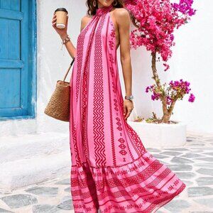 Pink Boho Women's Sleeveless Halter Neck ruffled hem Maxi Dress: